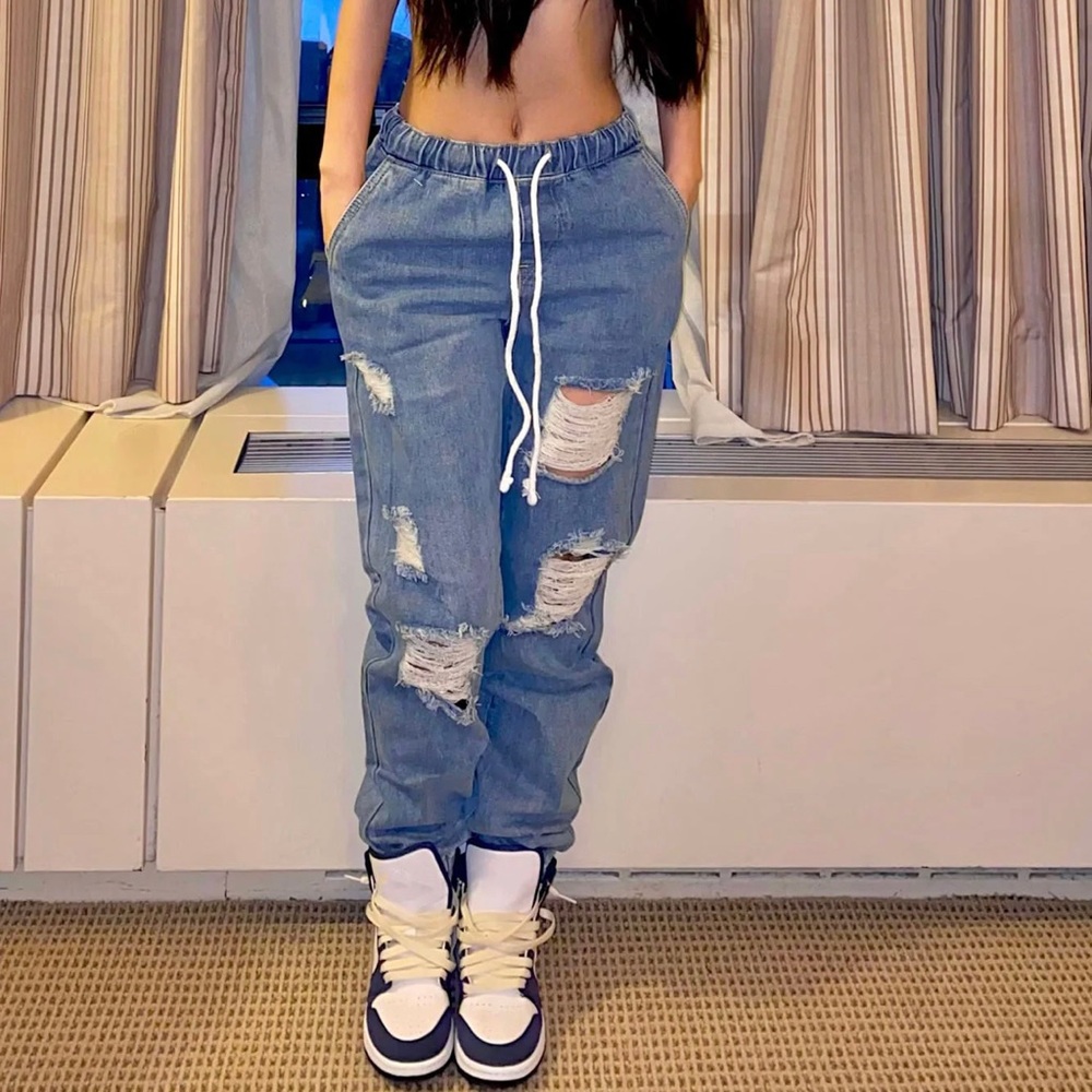 Fashion Nova Distressed Ripped Denim Joggers